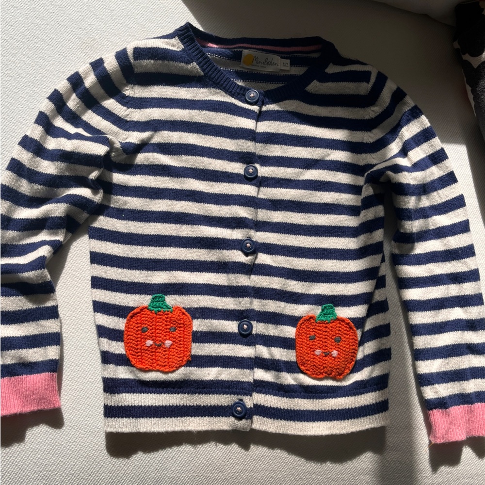 Mini Boden Blue & White Striped Cardigan with Crochet Pumpkins Detail. Size 6/7